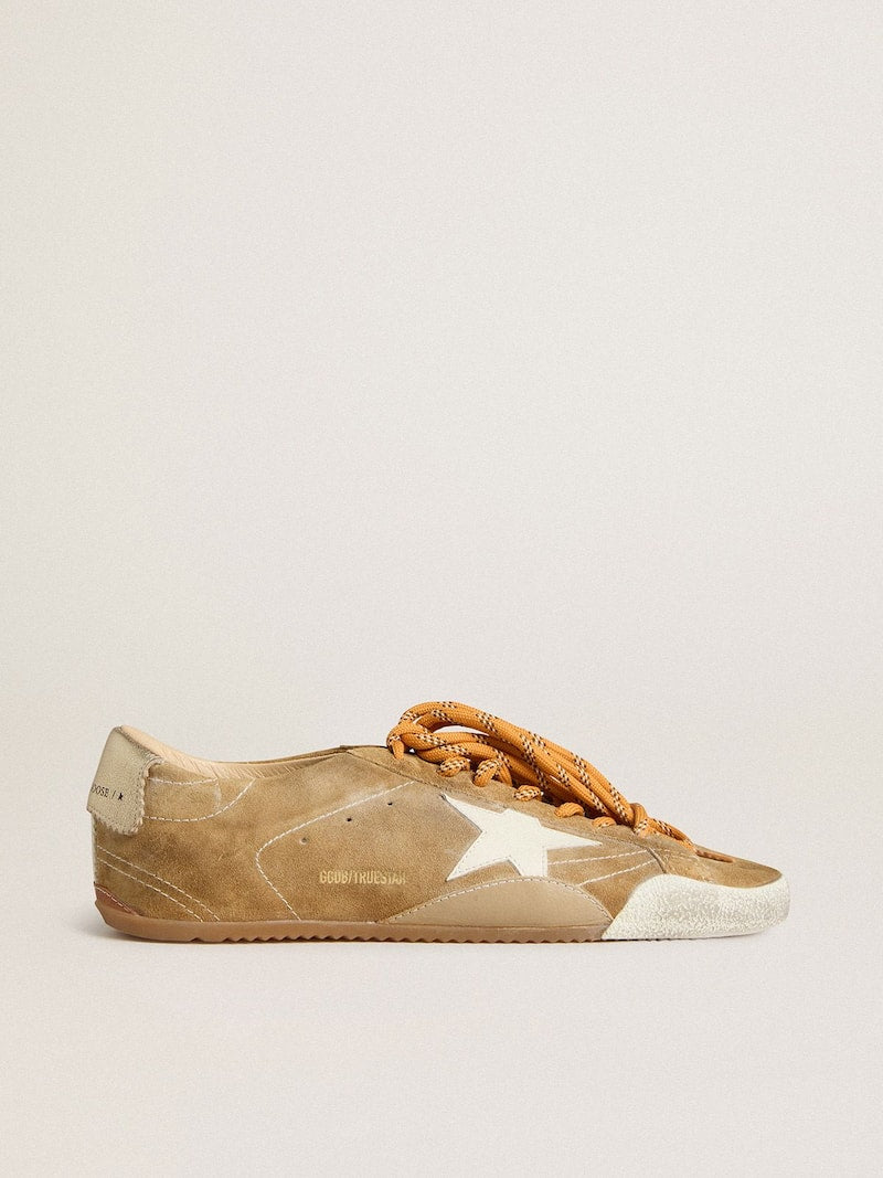 Women's True-Star in tobacco-colored suede with white star and platinum heel tab