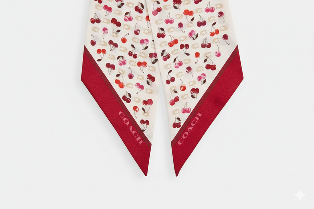 Sculpted C Cherries Print Silk Wide Skinny Scarf