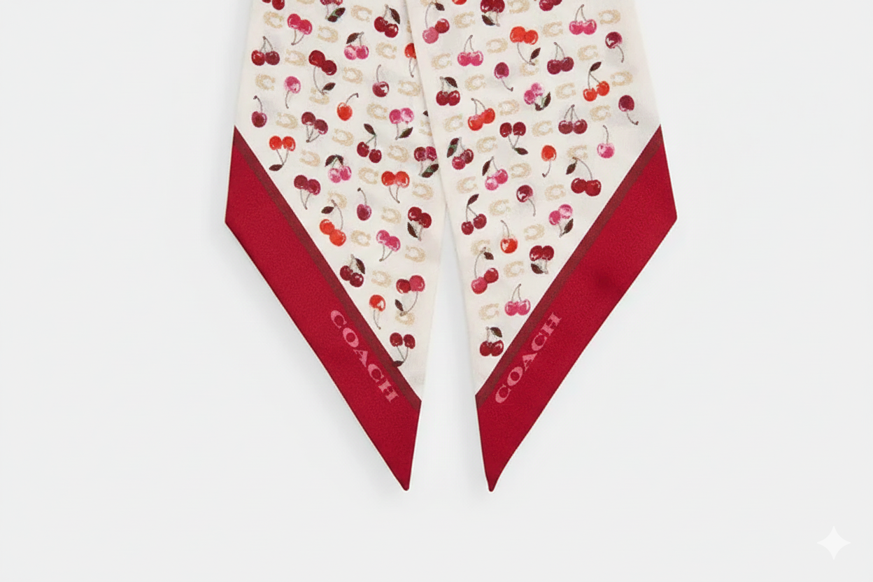 Sculpted C Cherries Print Silk Wide Skinny Scarf