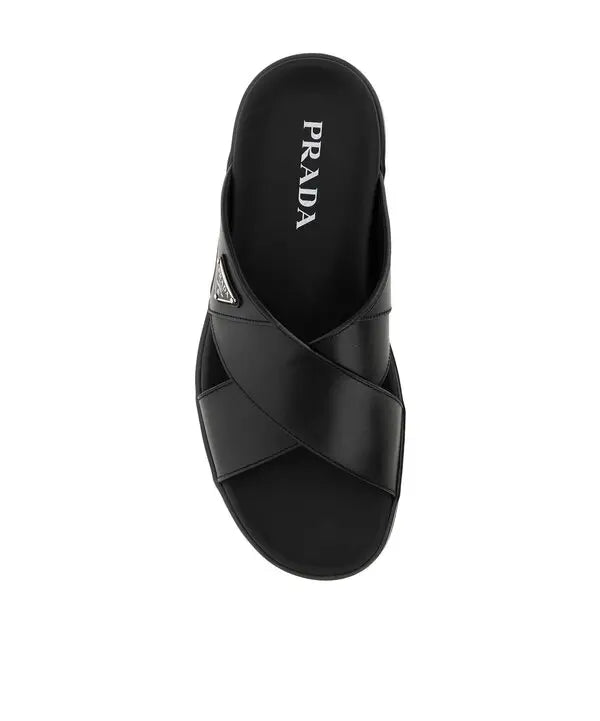 Prada  triangle logo slip-on sandals - black