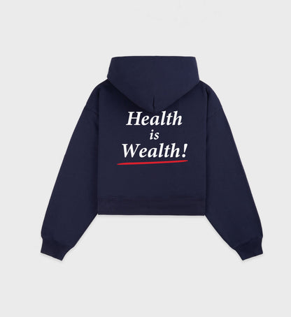Health is Wealth Cropped Hoodie - Navy/White/Fire Red