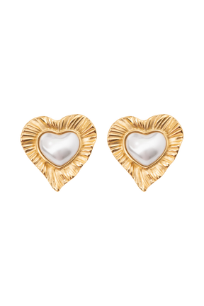 Heart To Heart Pearl Earrings - Gold