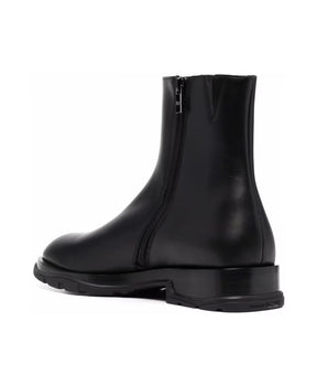 Black Leather Slim Tread Ankle Boots