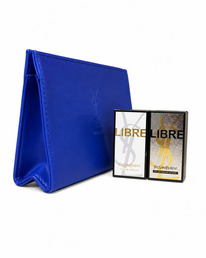 Yves Saint Laurent Makeup Bag blue with YSL 2 libre perfume 7.5ml EACH