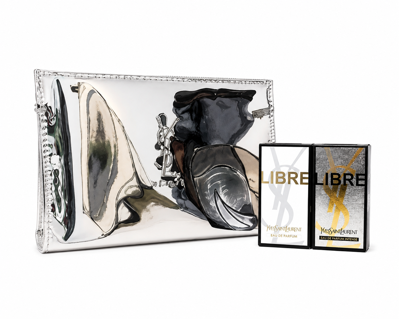 Yves Saint Laurent Makeup Bag silver with YSL libre perfume 15ml 2×7.5ml