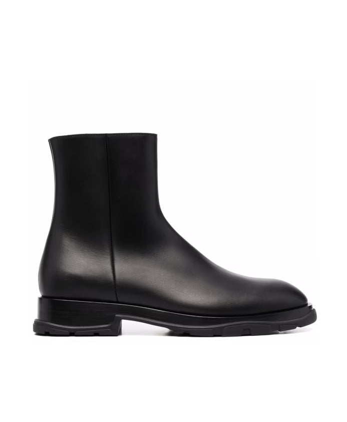 Black Leather Slim Tread Ankle Boots