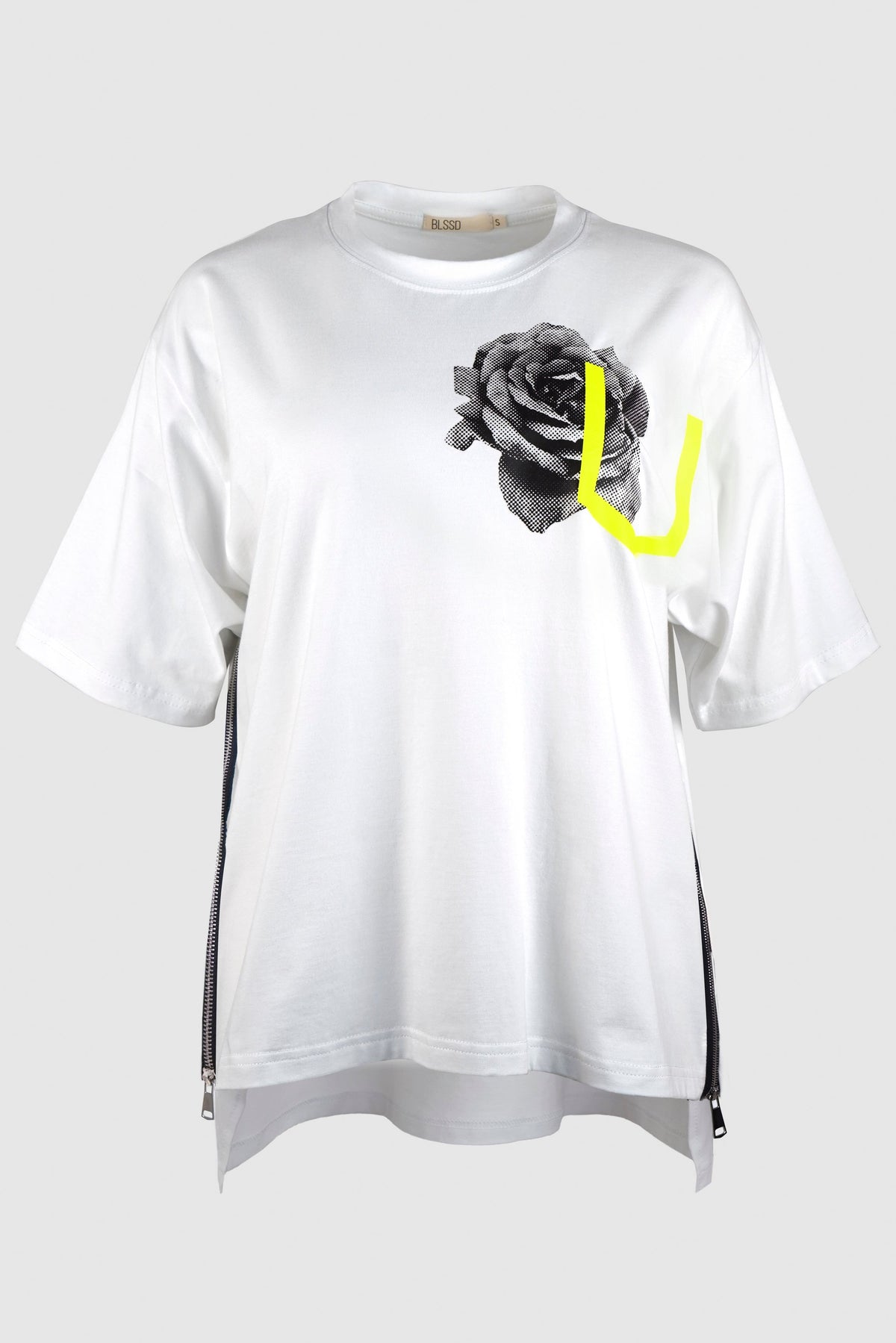INDUSTRIAL POCKET FLOWER PRINT COTTON TEE W/ SIDE ZIPPERS