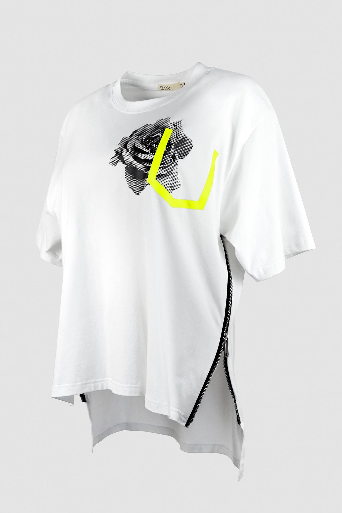 INDUSTRIAL POCKET FLOWER PRINT COTTON TEE W/ SIDE ZIPPERS