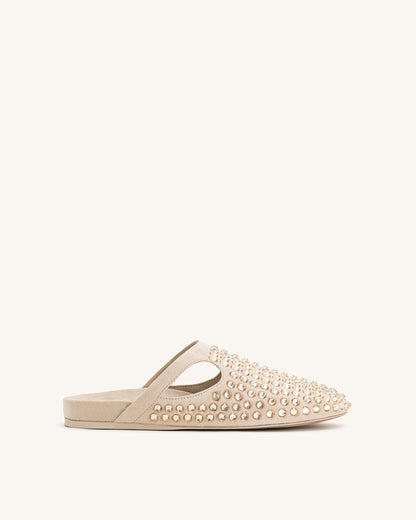 Athena Artificial Crystal Flat Mules - Pink Beige