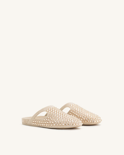 Athena Artificial Crystal Flat Mules - Pink Beige