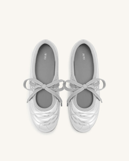 Erika Topstitching lace-up ballet Flats- Silver