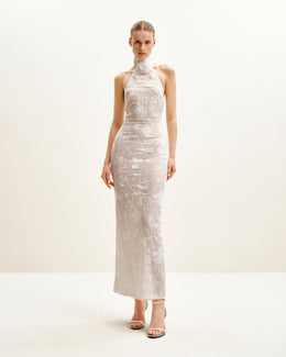 Uliana White Floral Lace Halterneck Maxi Dress - White