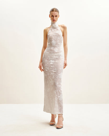 Uliana White Floral Lace Halterneck Maxi Dress - White