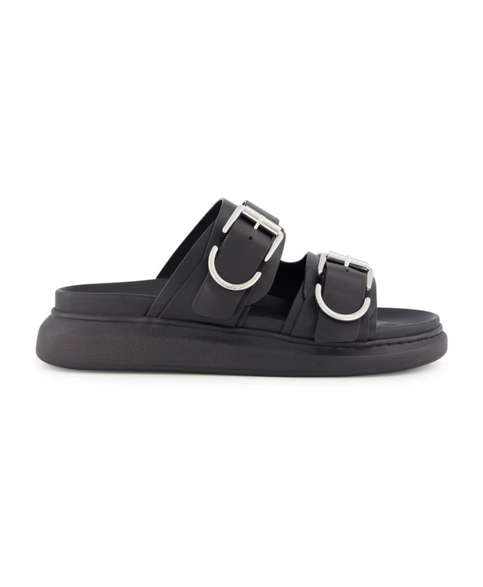 Black Leather Buckle-Strap Sandals