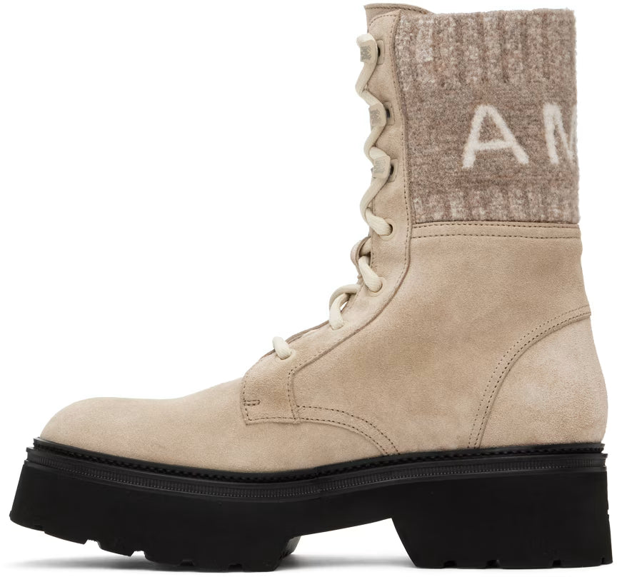 AMIRI Tan Knit Logo Collar Combat Boots