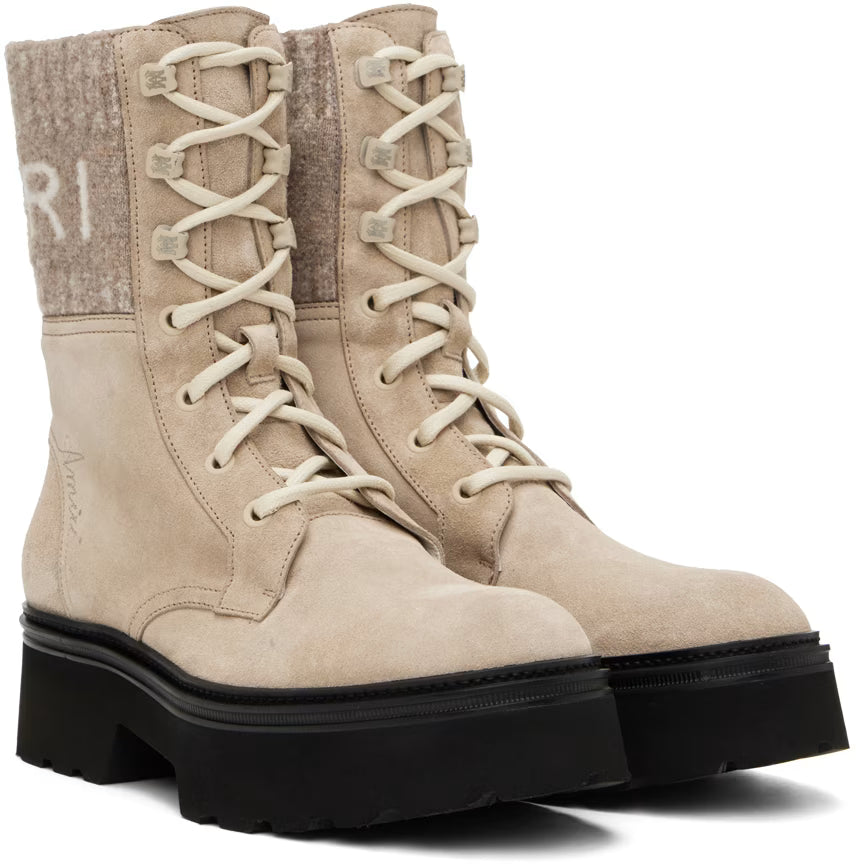 AMIRI Tan Knit Logo Collar Combat Boots