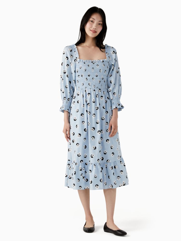 Floral Dot Smocked Midi Dress