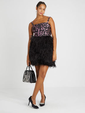 Rosy Garden Feather Trim Dress