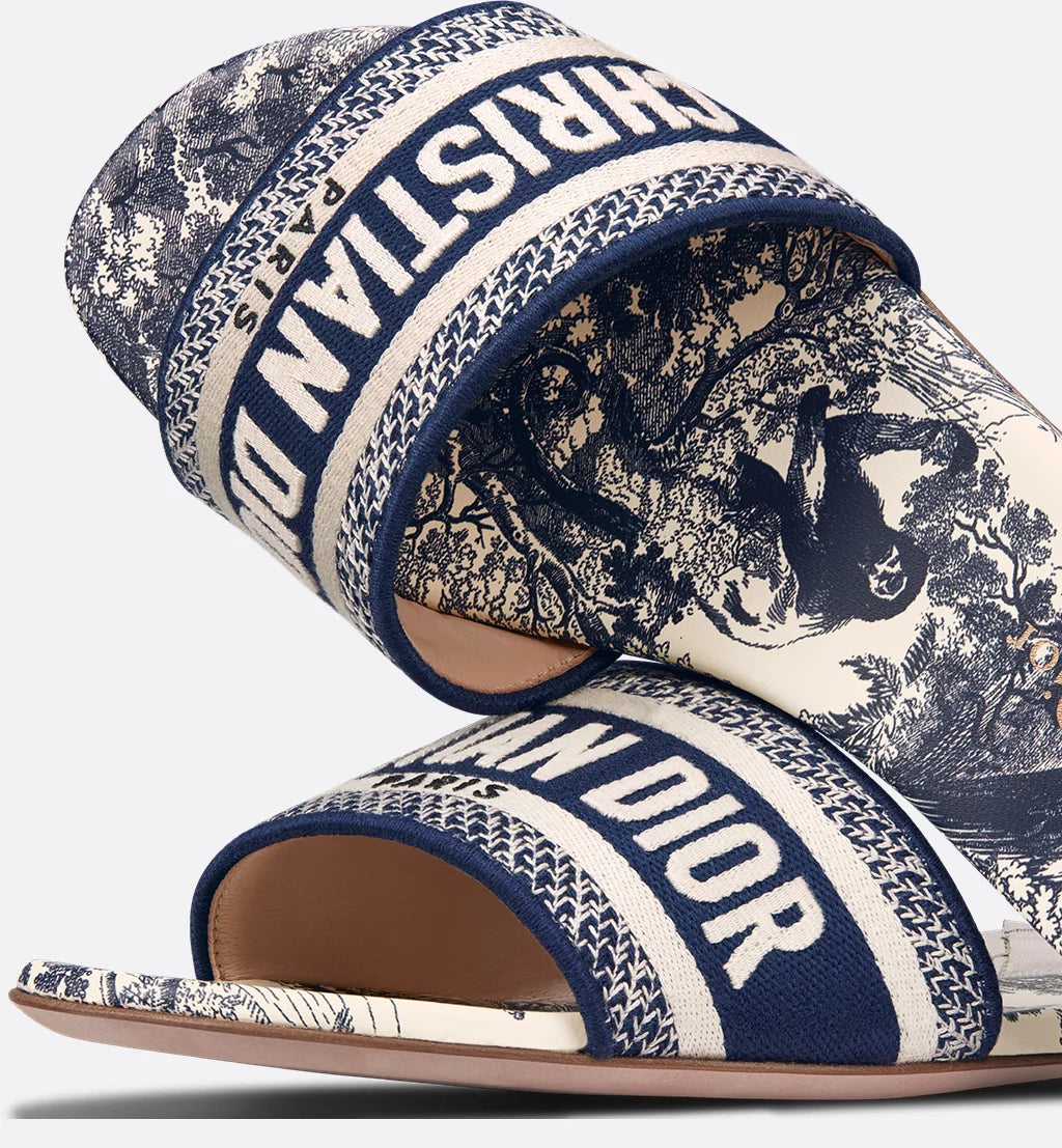 Dway Slide Vibrant Blue Embroidered Cotton and Toile de Jouy Motif