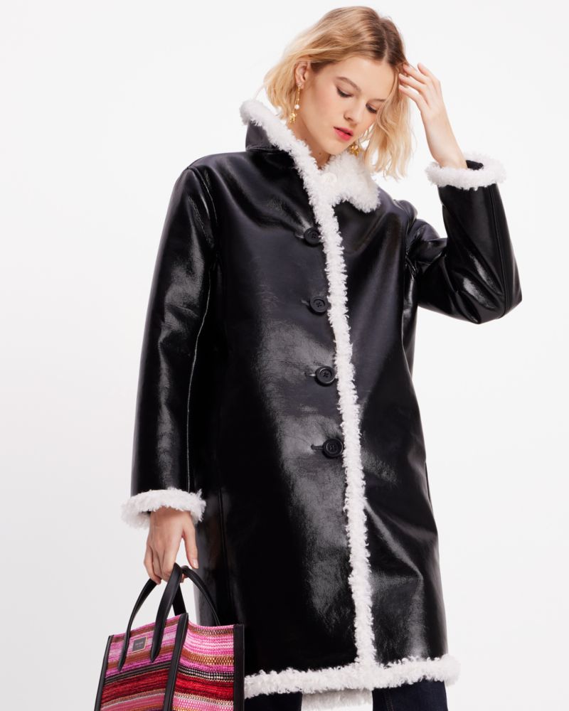 Reversible Faux Patent Shearling Coat