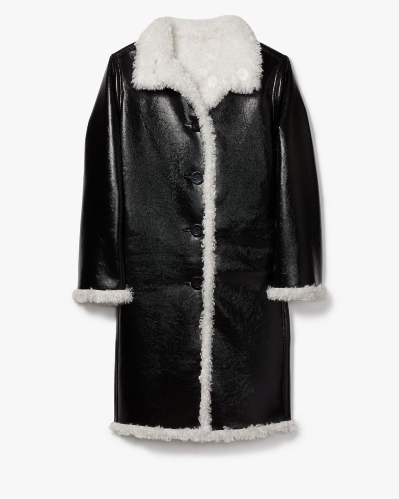 Reversible Faux Patent Shearling Coat