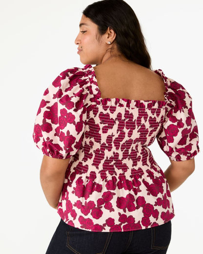 Rosy Florets Puff-sleeve Top