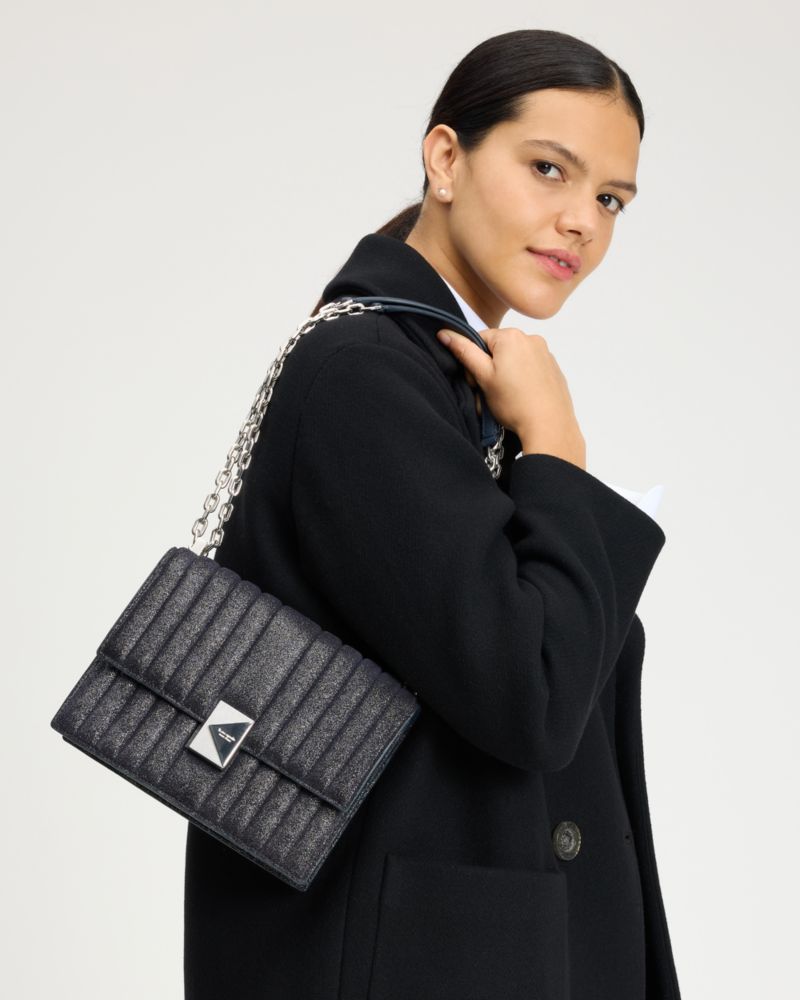 Deco Quilted Glitter Suede Chain Shoulder Bag