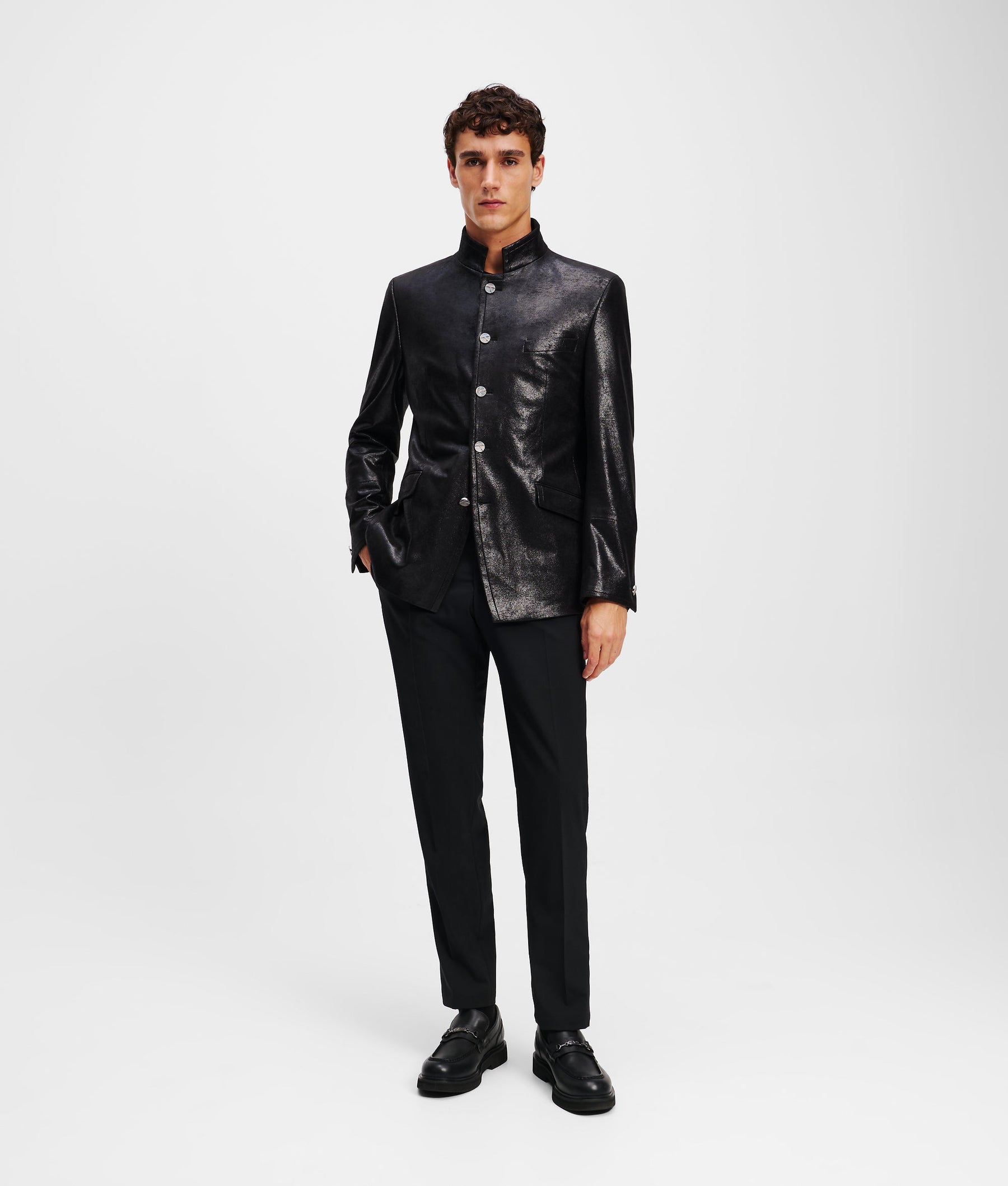 FAUX-LEATHER STAND-UP COLLAR JACKET