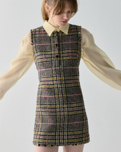 Enamel Button Tweed Dress