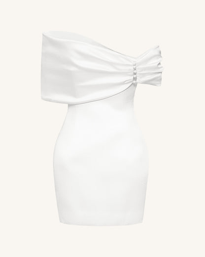 Satin Asymmetric Bow Mini Dress - White