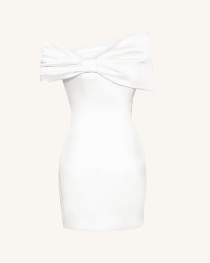 Satin Asymmetric Bow Mini Dress - White
