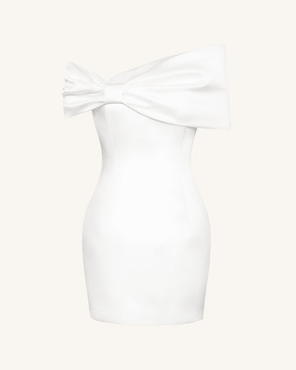 Satin Asymmetric Bow Mini Dress - White