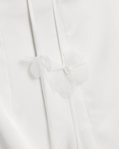 Satin Strappy Maxi Dress with Floral Streamers - White
