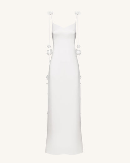 Satin Strappy Maxi Dress with Floral Streamers - White
