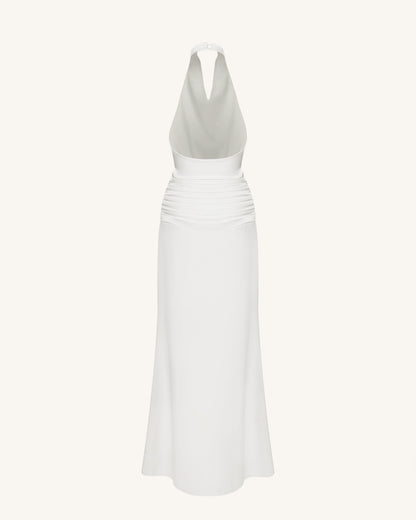 Satin Cowl Neck Ruched Maxi Gown - White