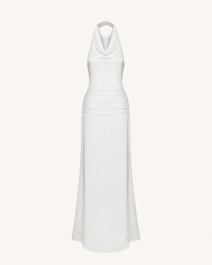 Satin Cowl Neck Ruched Maxi Gown - White
