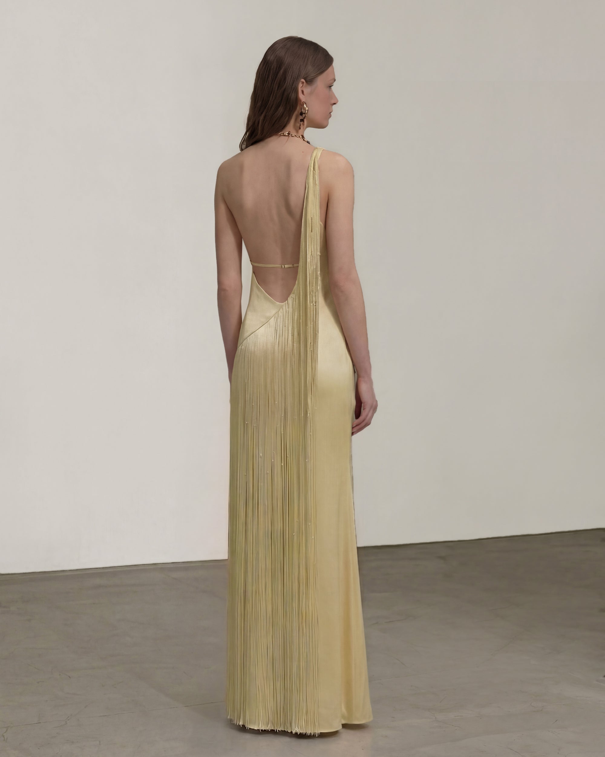 Fringe One Shoulder Maxi Dress - Misty Blue