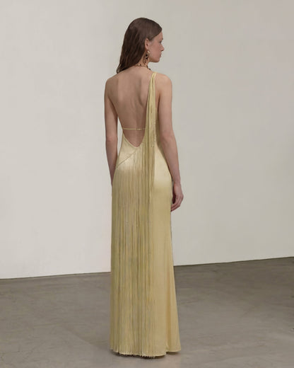 Fringe One Shoulder Maxi Dress - Sage Green