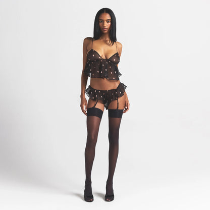 SKIMS ROMANCE BABYDOLL TOP AND GARTER HIPSTER SET | OBSIDIAN SPACED HEARTS