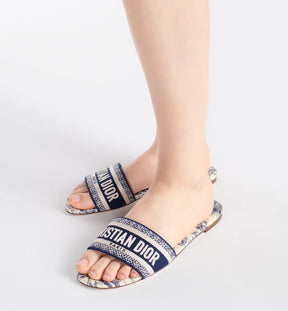 Dway Slide Vibrant Blue Embroidered Cotton and Toile de Jouy Motif