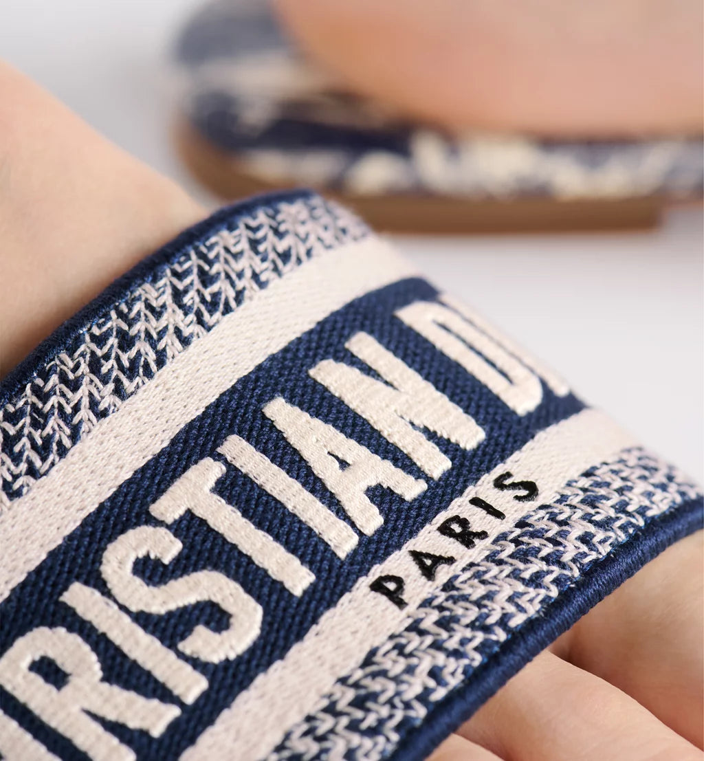 Dway Slide Vibrant Blue Embroidered Cotton and Toile de Jouy Motif