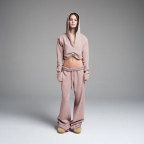 FRENCH TERRY SHOULDER PAD CROPPED HOODIE | FAWN