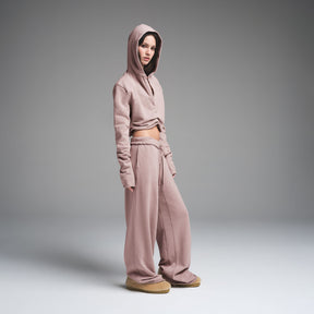 FRENCH TERRY SHOULDER PAD CROPPED HOODIE | FAWN