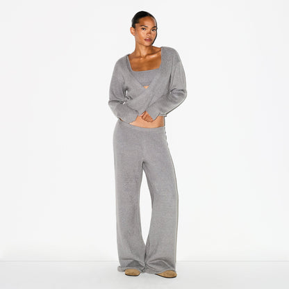 TEXTURED KNIT WRAP SWEATER | DARK HEATHER GREY