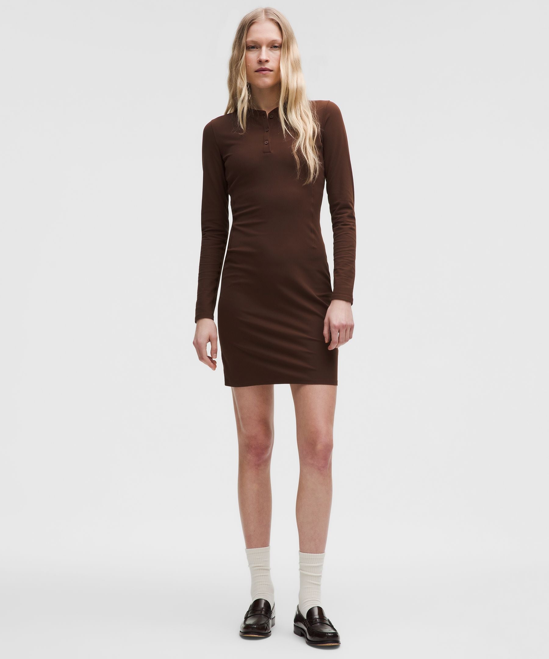 All Aligned Ribbed Long-Sleeve Henley Dress