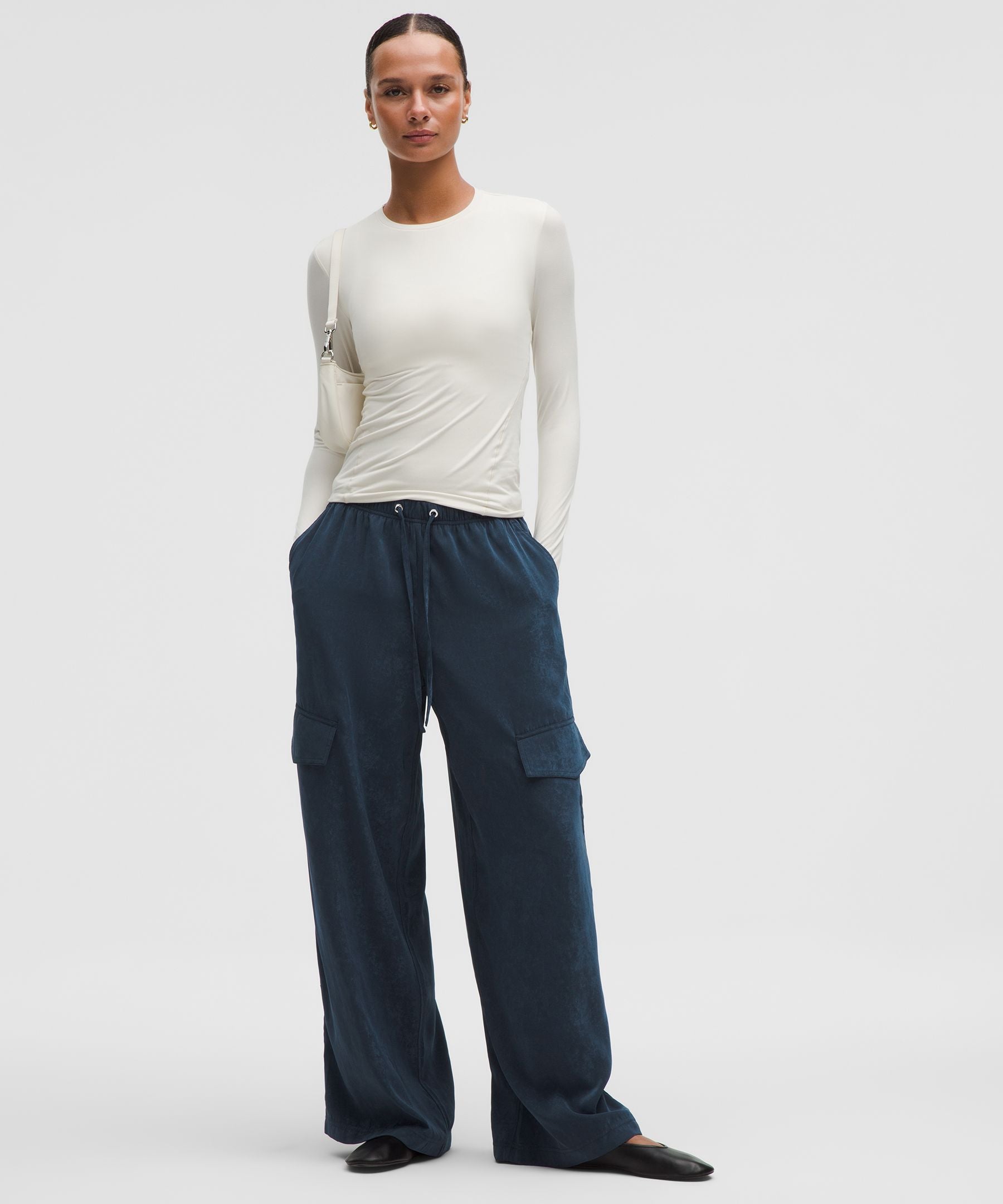 Matte Satin Relaxed-Fit Mid-Rise Cargo Pant