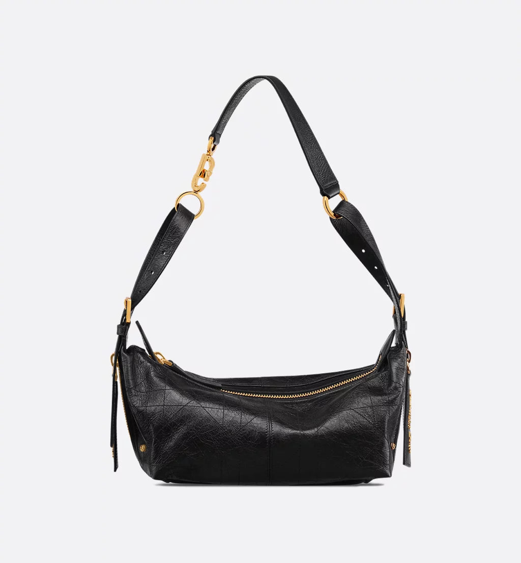 Small D-Journey Bag in Crinkled Calfskin Black Flat Macrocannage