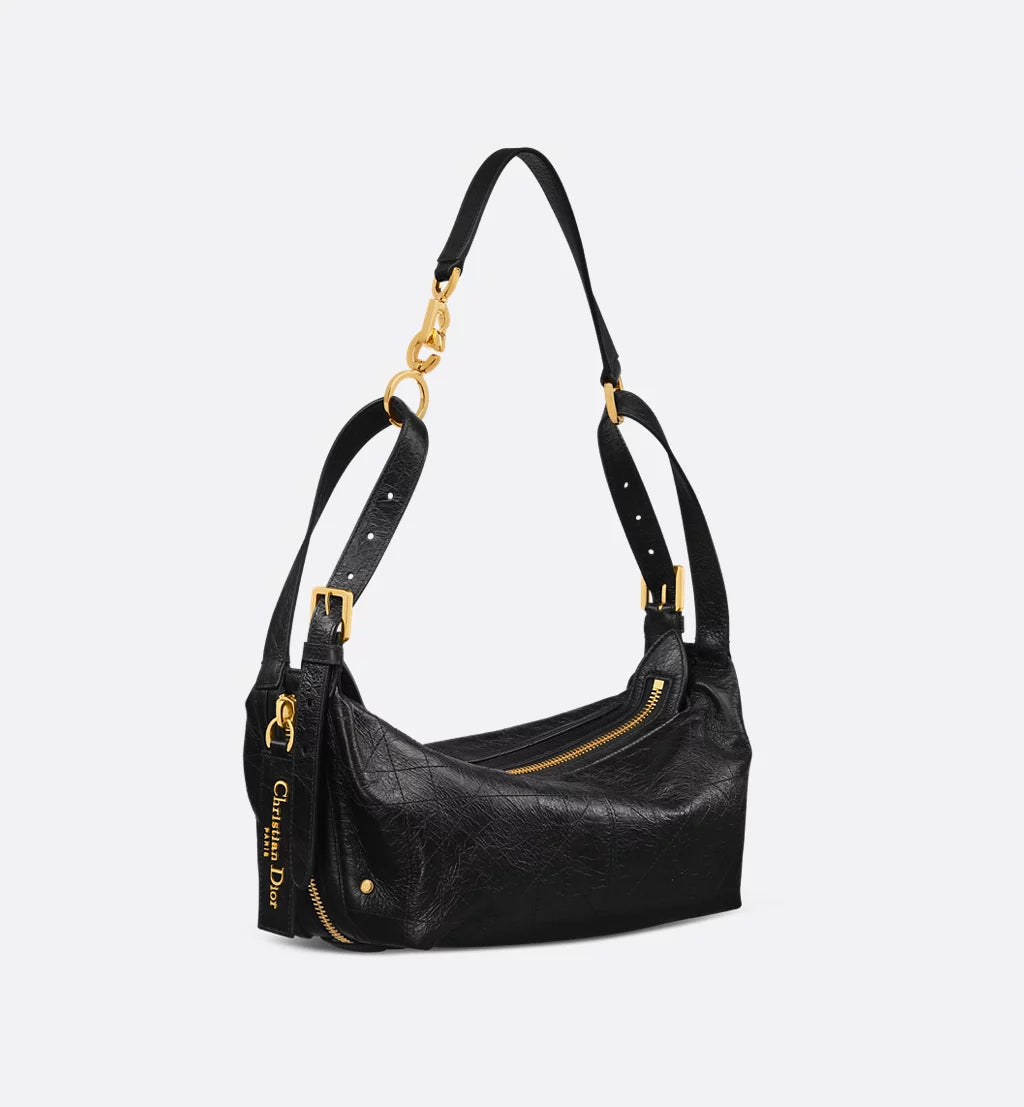 Small D-Journey Bag in Crinkled Calfskin Black Flat Macrocannage