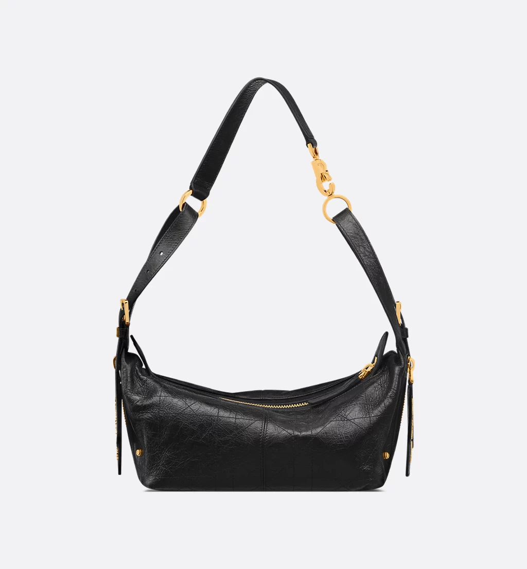 Small D-Journey Bag in Crinkled Calfskin Black Flat Macrocannage