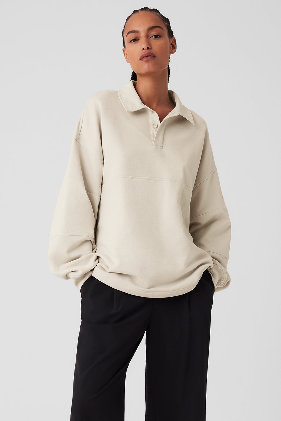 Mixmatch Rugby Sweatshirt in beige with a sharp collar, 3-button placket, and oversized fit styled for a sporty look.